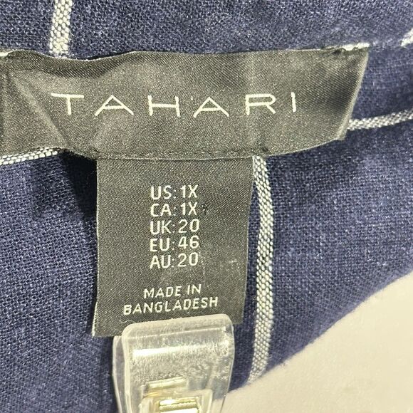 Tahari Blouse Womens 1X Navy White Windowpane Linen Blend Tunic Top Coastal - Picture 5 of 12